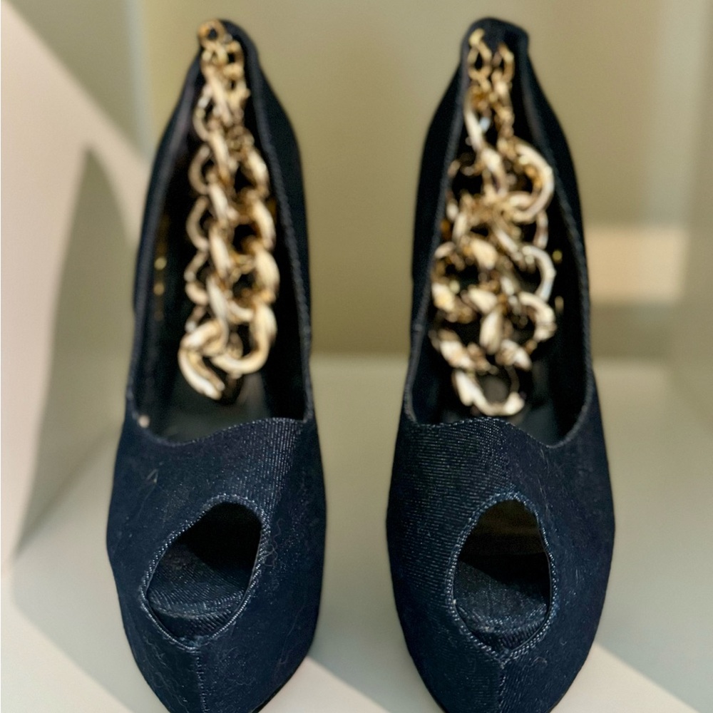 Chic denim Peep-Toe Heels with Gold Chain Detail